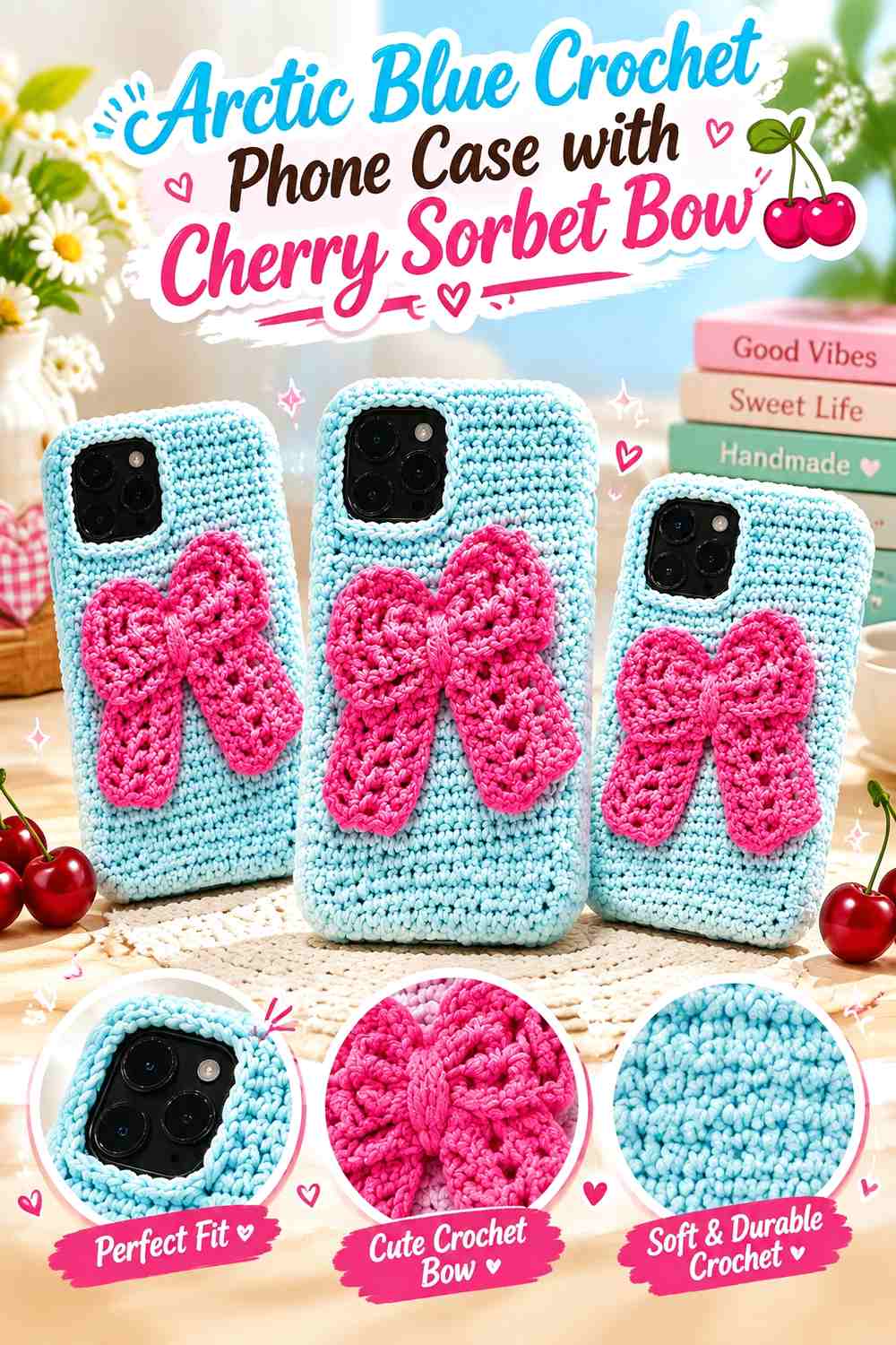 Arctic Blue Crochet Phone Case with Cherry Sorbet Bow