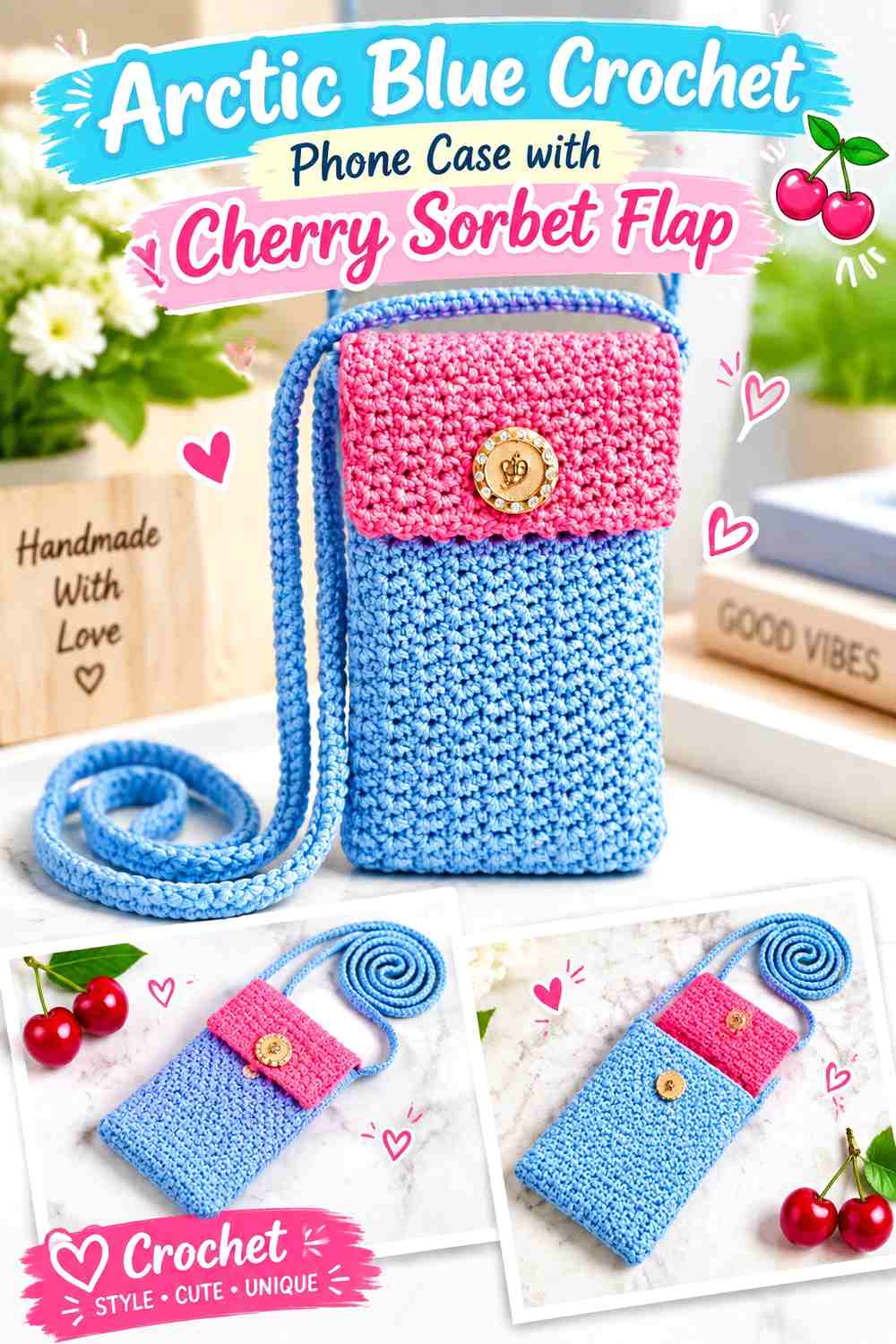 Arctic Blue Crochet Phone Case with Cherry Sorbet Flap