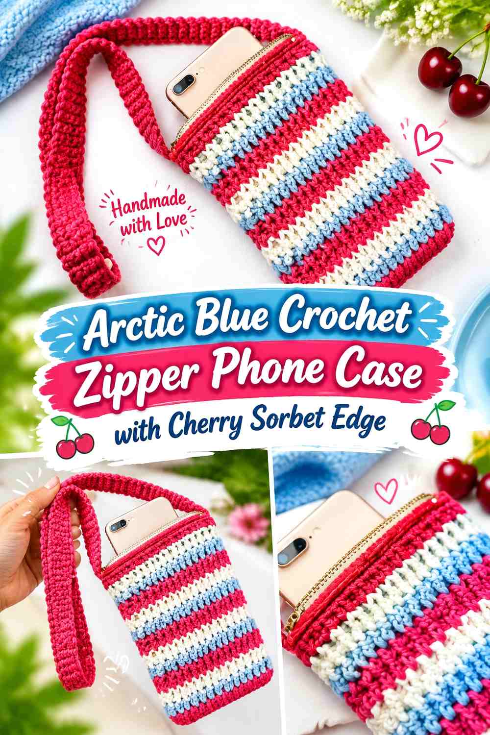 Arctic Blue Crochet Zipper Phone Case with Cherry Sorbet Edge