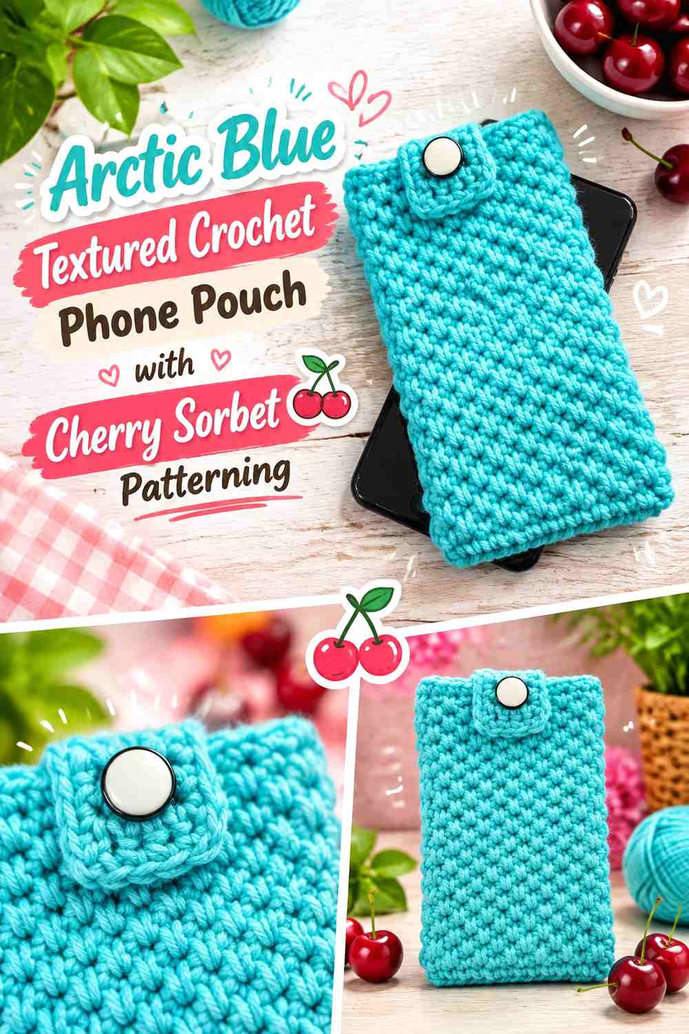 Arctic Blue Textured Crochet Phone Pouch with Cherry Sorbet Patterning