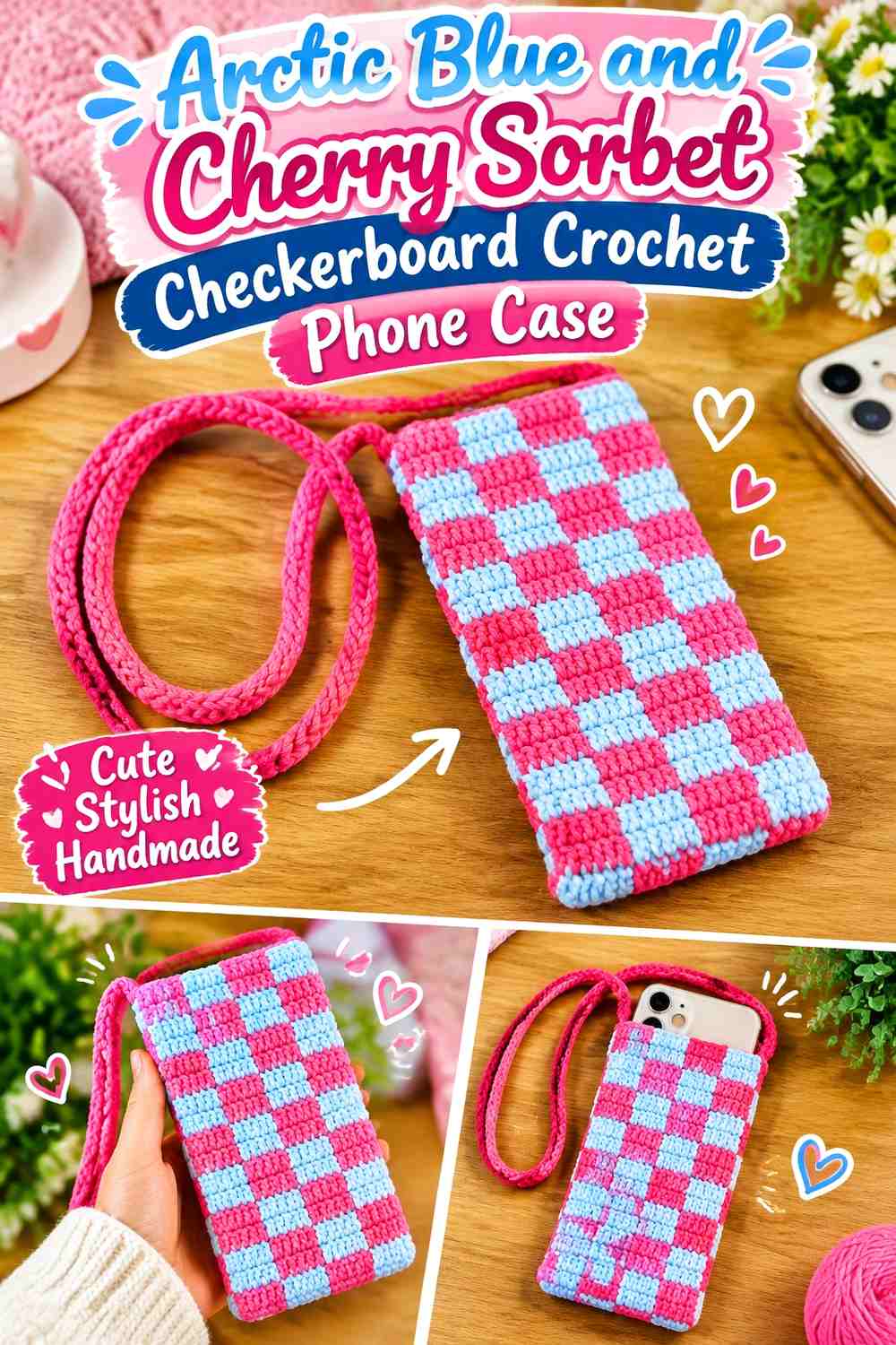 Arctic Blue and Cherry Sorbet Checkerboard Crochet Phone Case