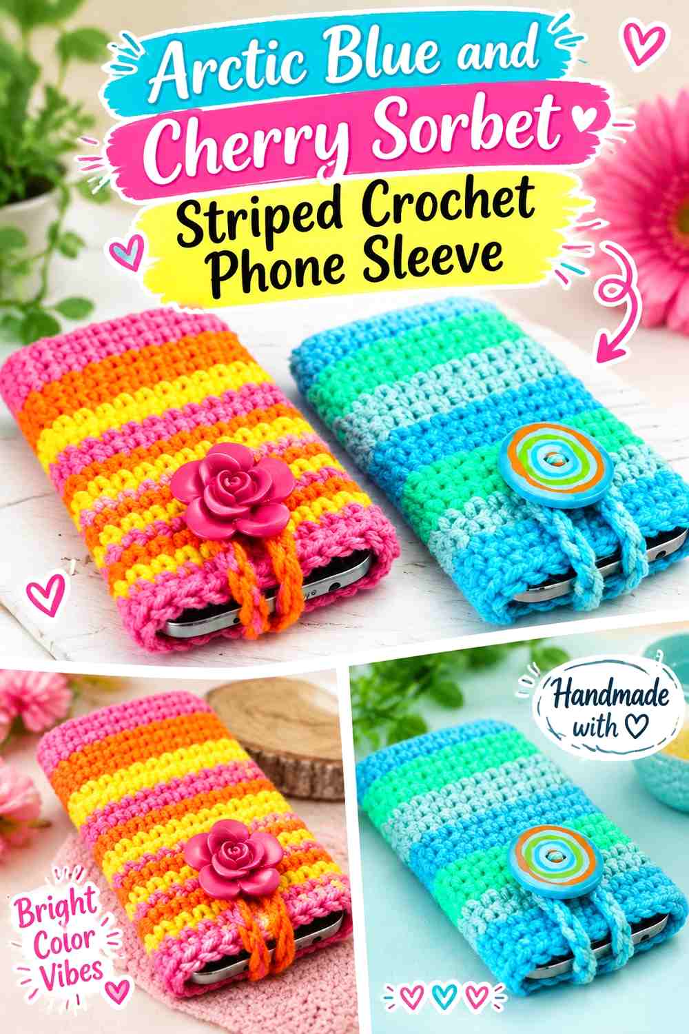 Arctic Blue and Cherry Sorbet Striped Crochet Phone Sleeve