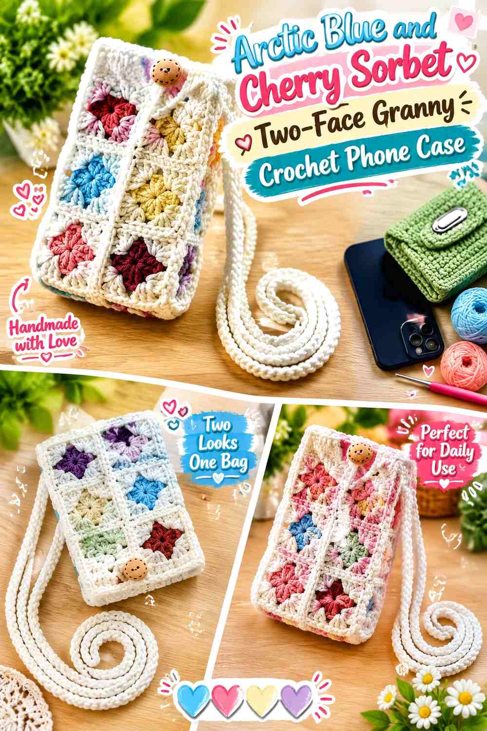 Arctic Blue and Cherry Sorbet Two-Face Granny Crochet Phone Case
