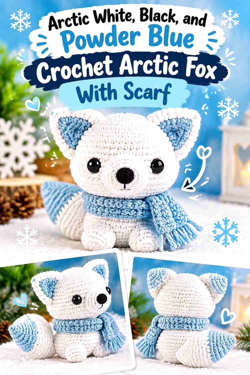 Arctic White, Black, and Powder Blue Crochet Arctic Fox With Scarf