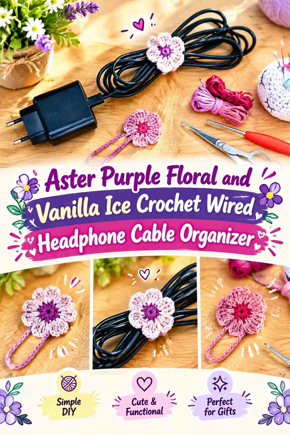 Aster Purple Floral and Vanilla Ice Crochet Wired Headphone Cable Organizer