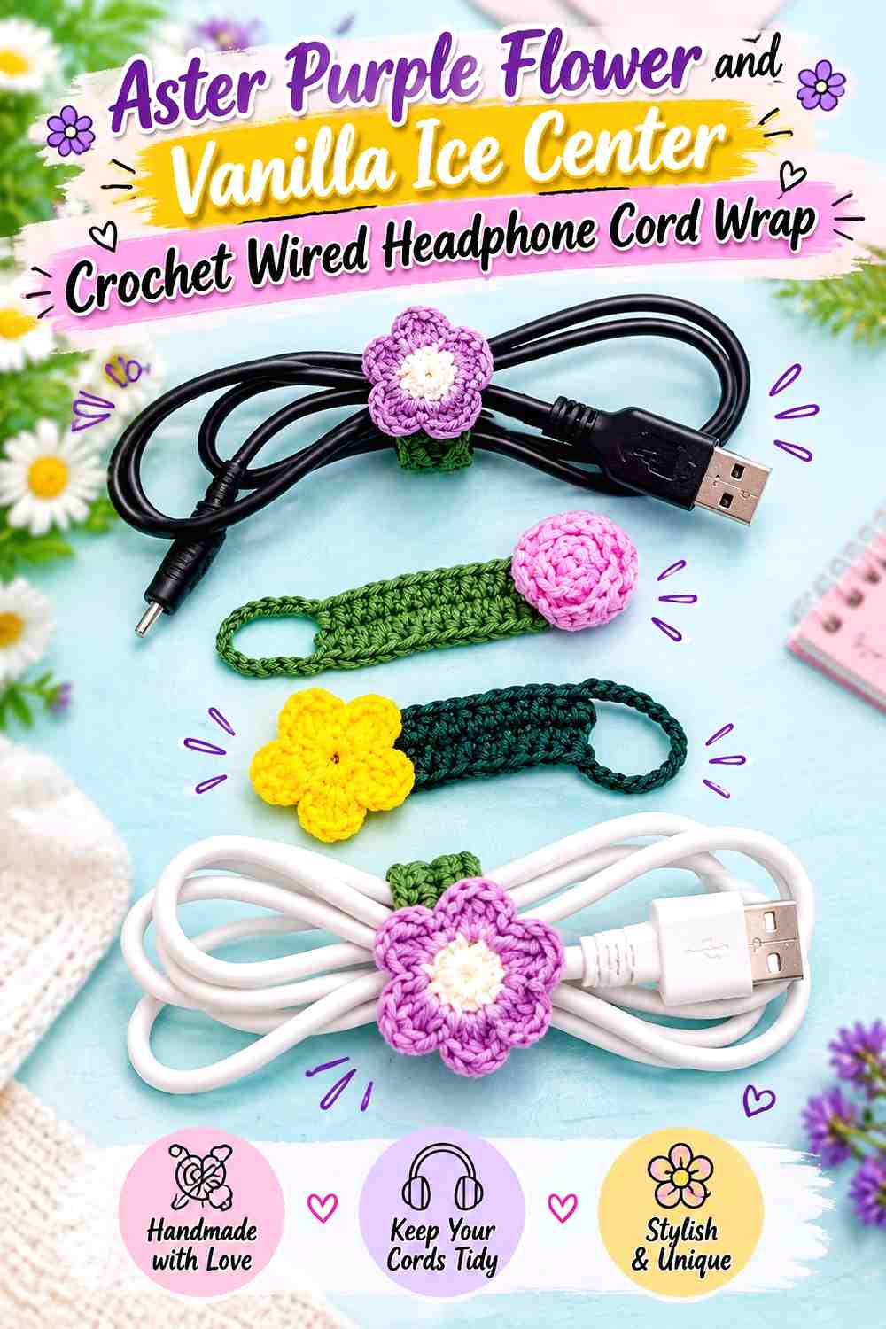 Aster Purple Flower and Vanilla Ice Center Crochet Wired Headphone Cord Wrap