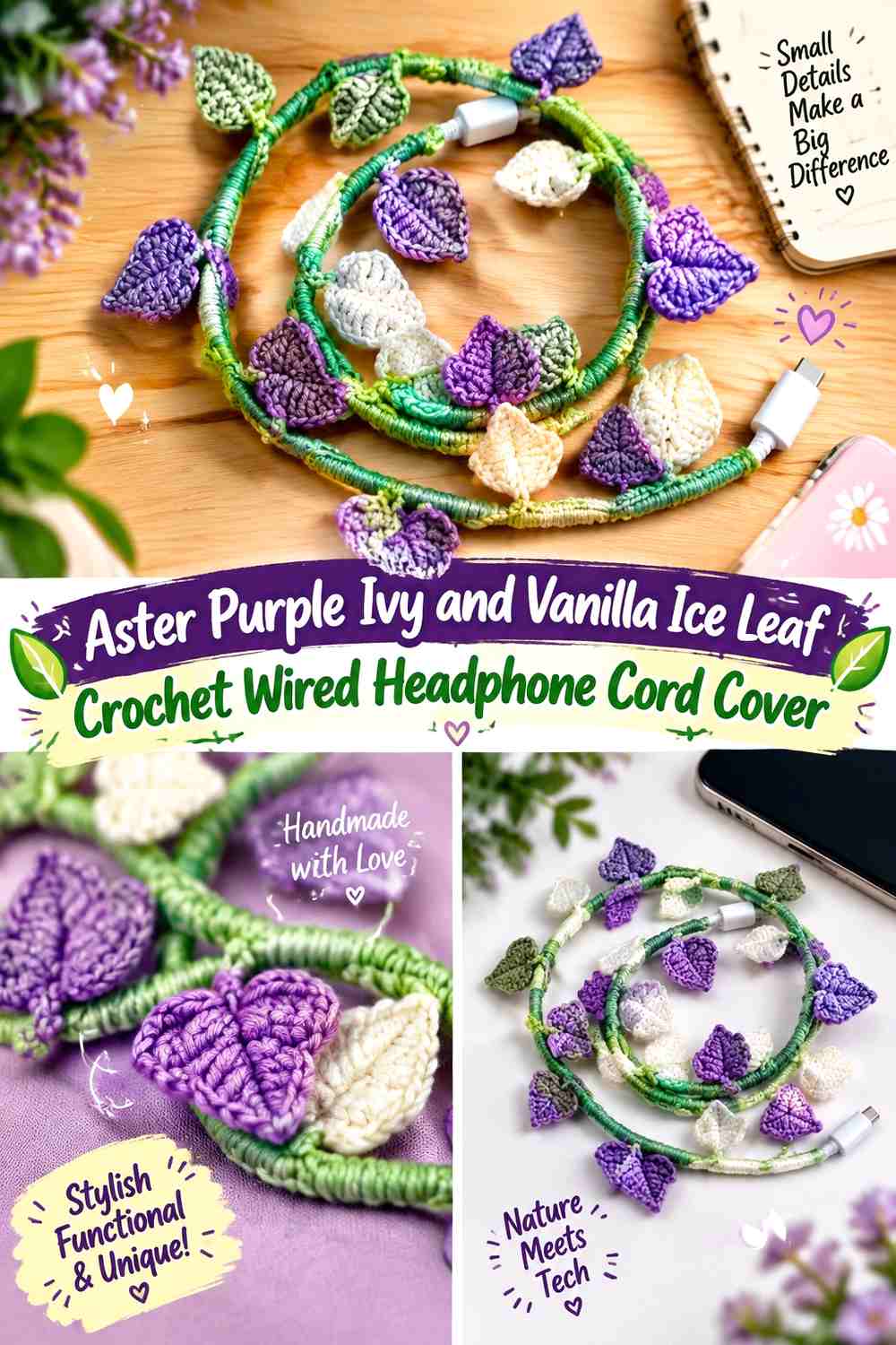 Aster Purple & Vanilla Ice Crochet Wired Headphone Cord Wrap Ideas