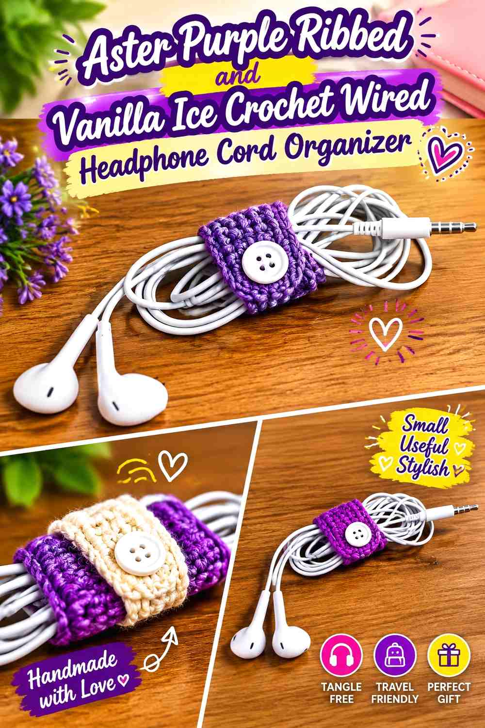 Aster Purple Ribbed and Vanilla Ice Crochet Wired Headphone Cord Organizer
