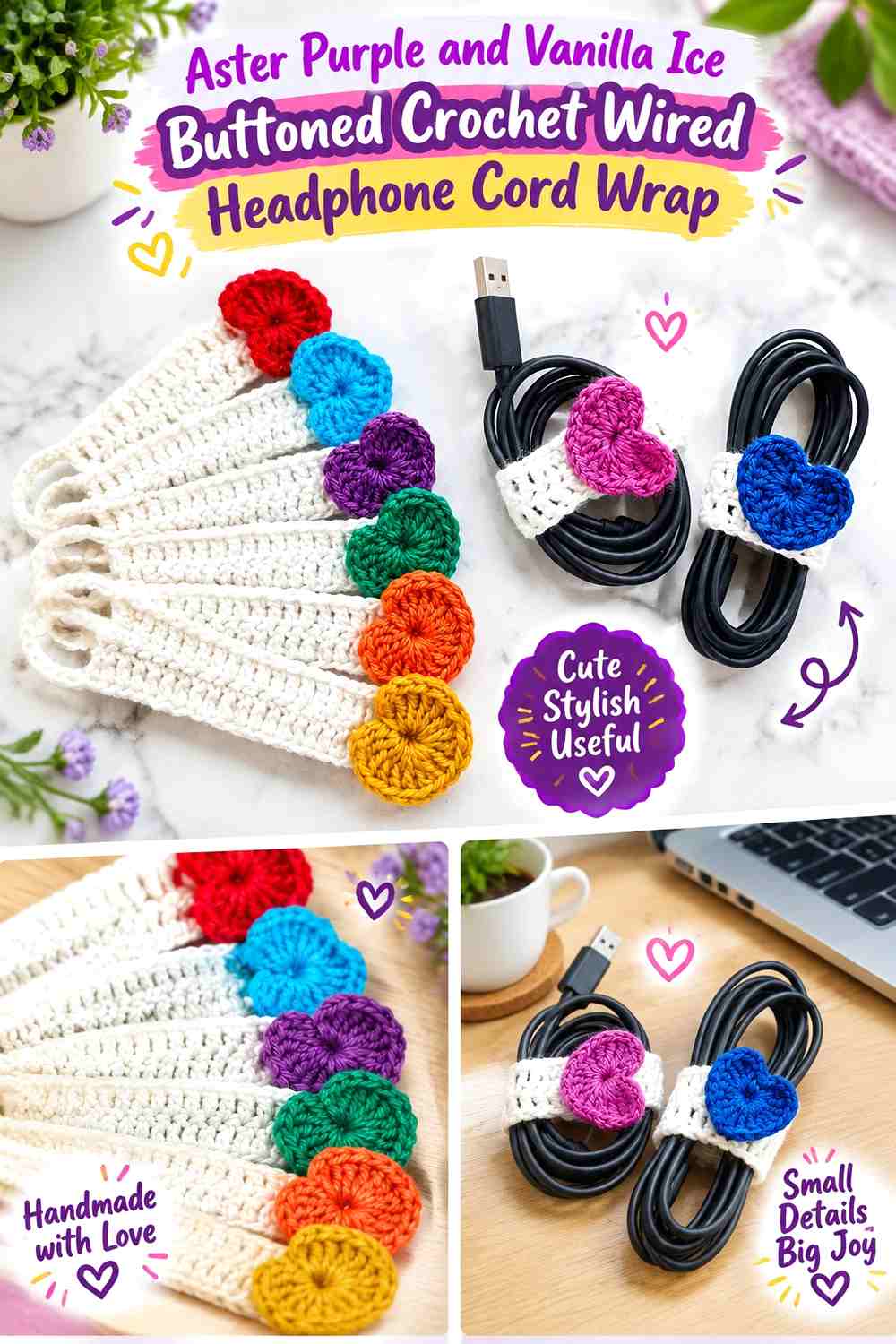 Aster Purple and Vanilla Ice Buttoned Crochet Wired Headphone Cord Wrap