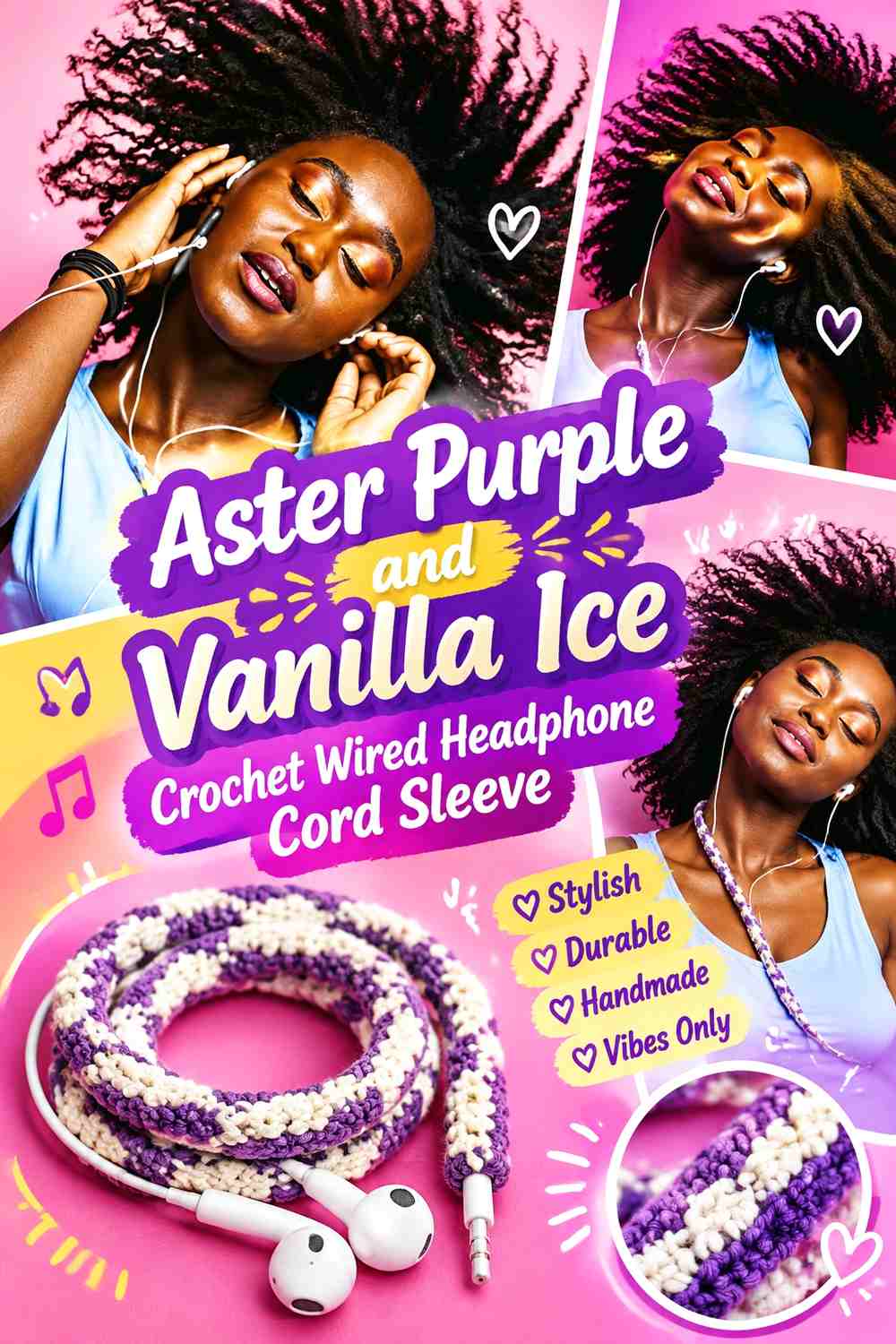 Aster Purple and Vanilla Ice Crochet Wired Headphone Cord Sleeve