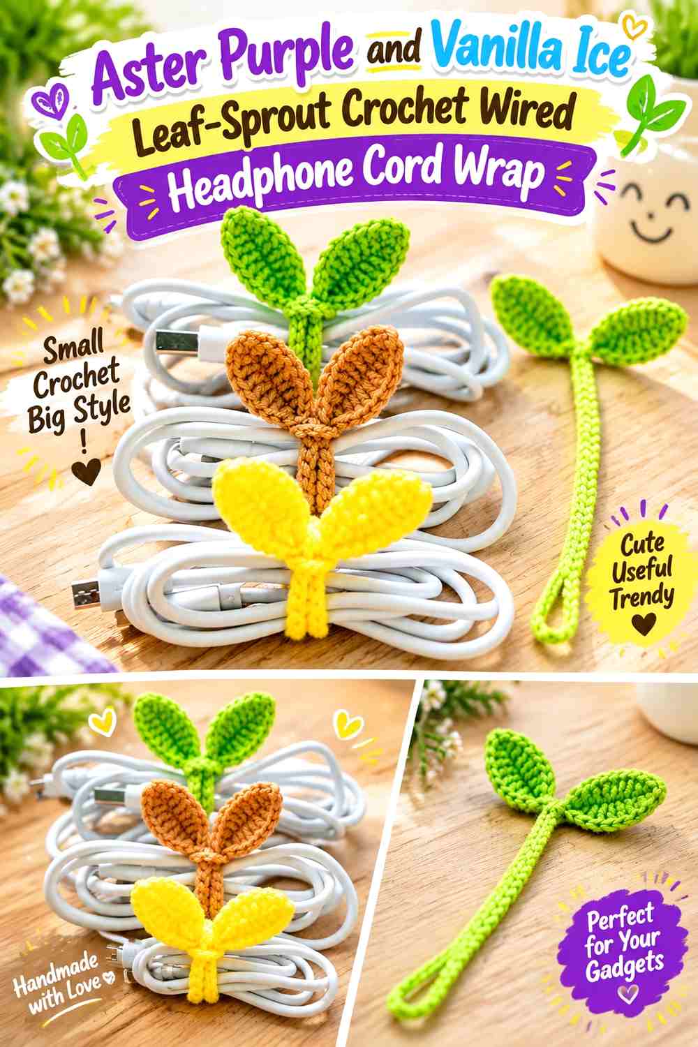 Aster Purple and Vanilla Ice Leaf-Sprout Crochet Wired Headphone Cord Wrap