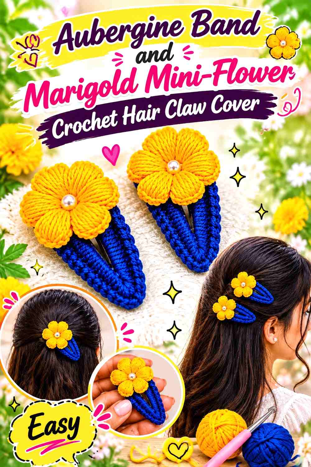 4. Aubergine Band And Marigold Mini Flower Crochet Hair Claw Cover