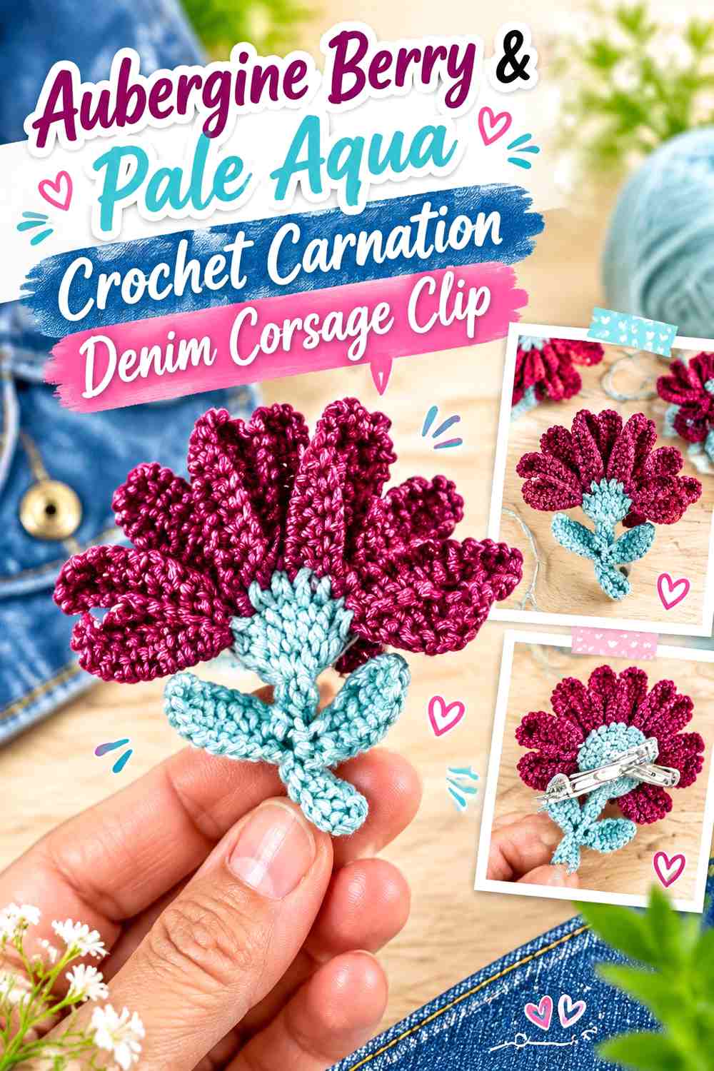 Aubergine Berry & Pale Aqua Crochet Carnation Denim Corsage Clip