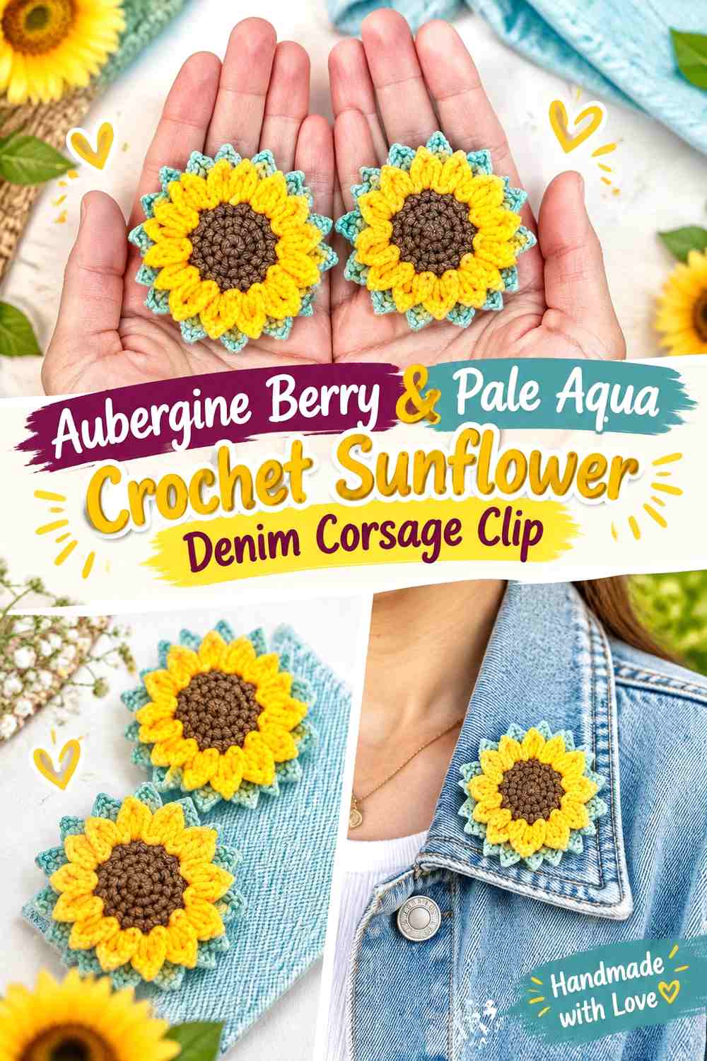 Aubergine Berry & Pale Aqua Crochet Daisy Denim Corsage Clip