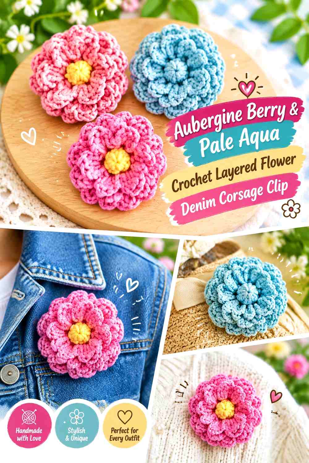 Aubergine Berry & Pale Aqua Crochet Layered Flower Denim Corsage Clip