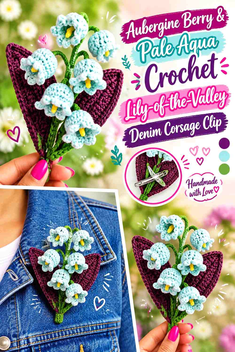 Aubergine Berry & Pale Aqua Crochet Lily-of-the-Valley Denim Corsage Clip