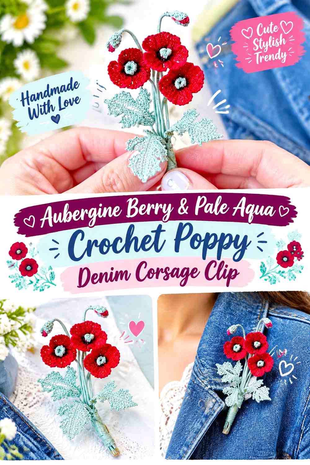 Aubergine Berry & Pale Aqua Crochet Poppy Denim Corsage Clip