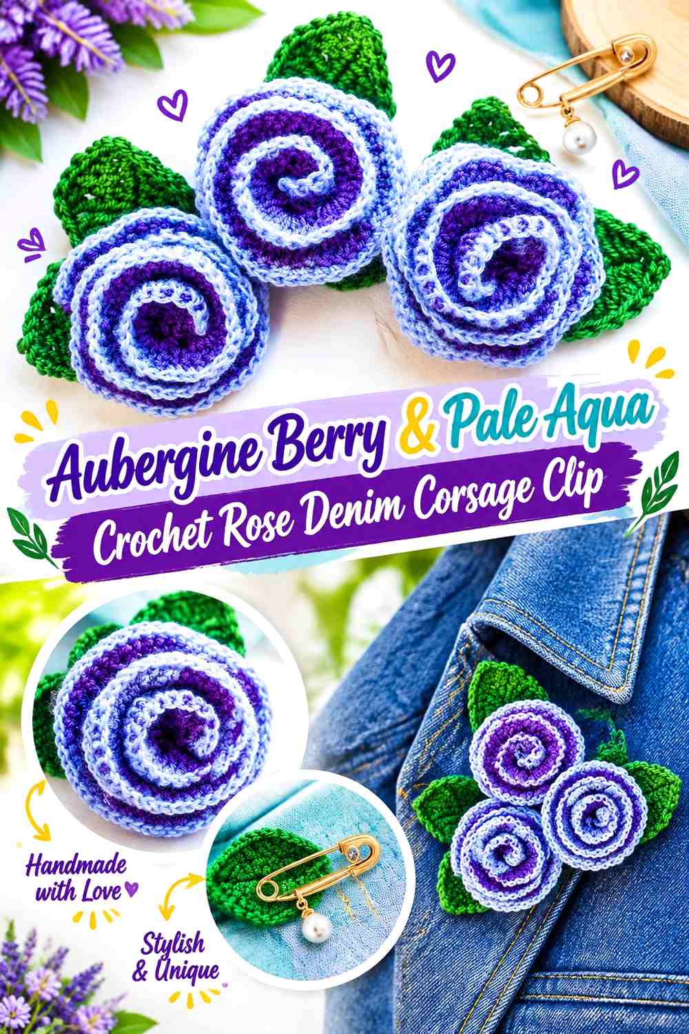 Aubergine Berry & Pale Aqua Crochet Rose Denim Corsage Clip