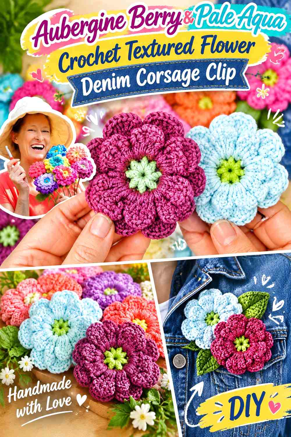 Aubergine Berry & Pale Aqua Crochet Textured Flower Denim Corsage Clip
