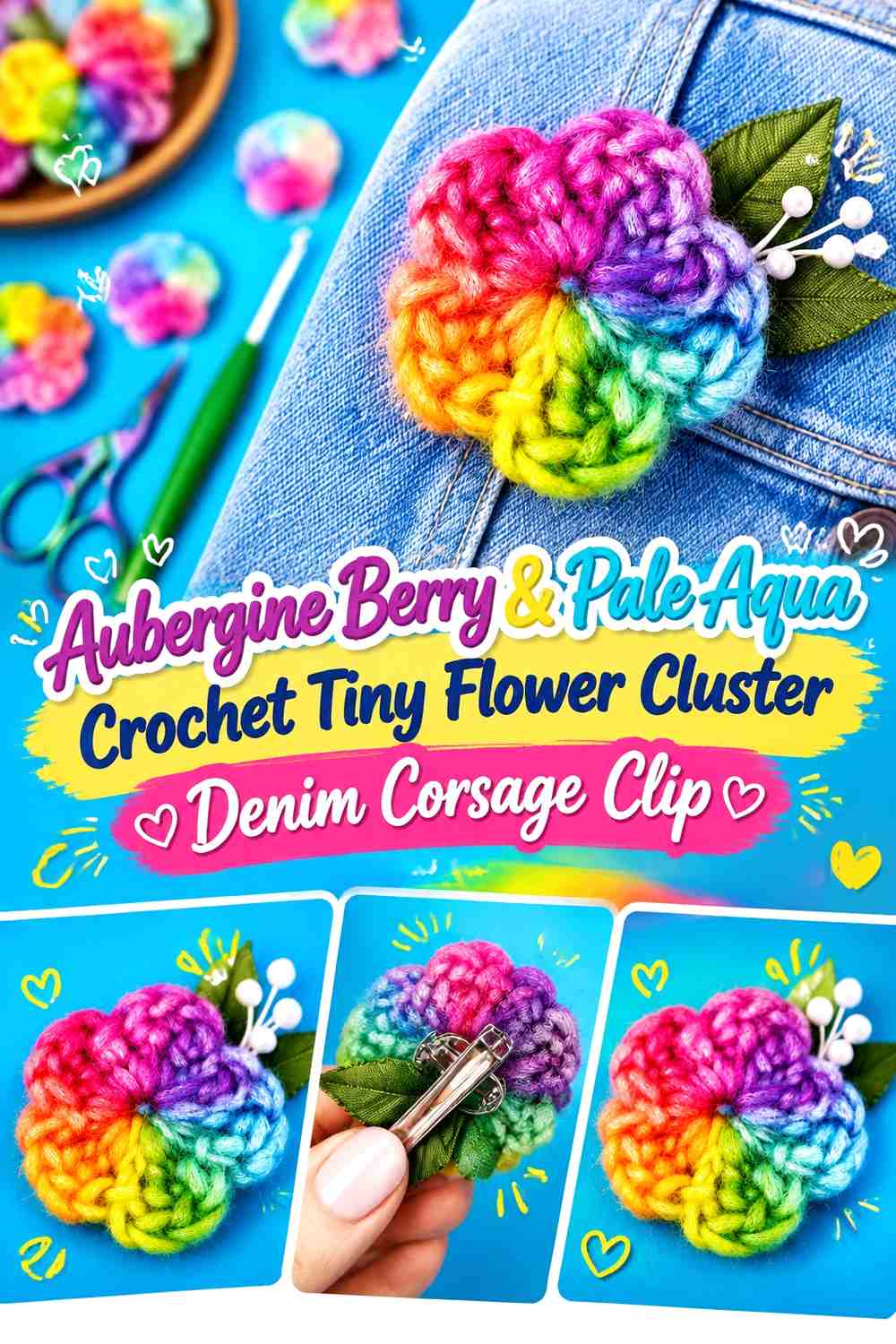 Aubergine Berry & Pale Aqua Crochet Tiny Flower Cluster Denim Corsage Clip