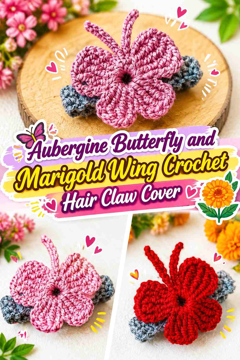 6. Aubergine Butterfly And Marigold Wing Crochet Hair Claw Cover