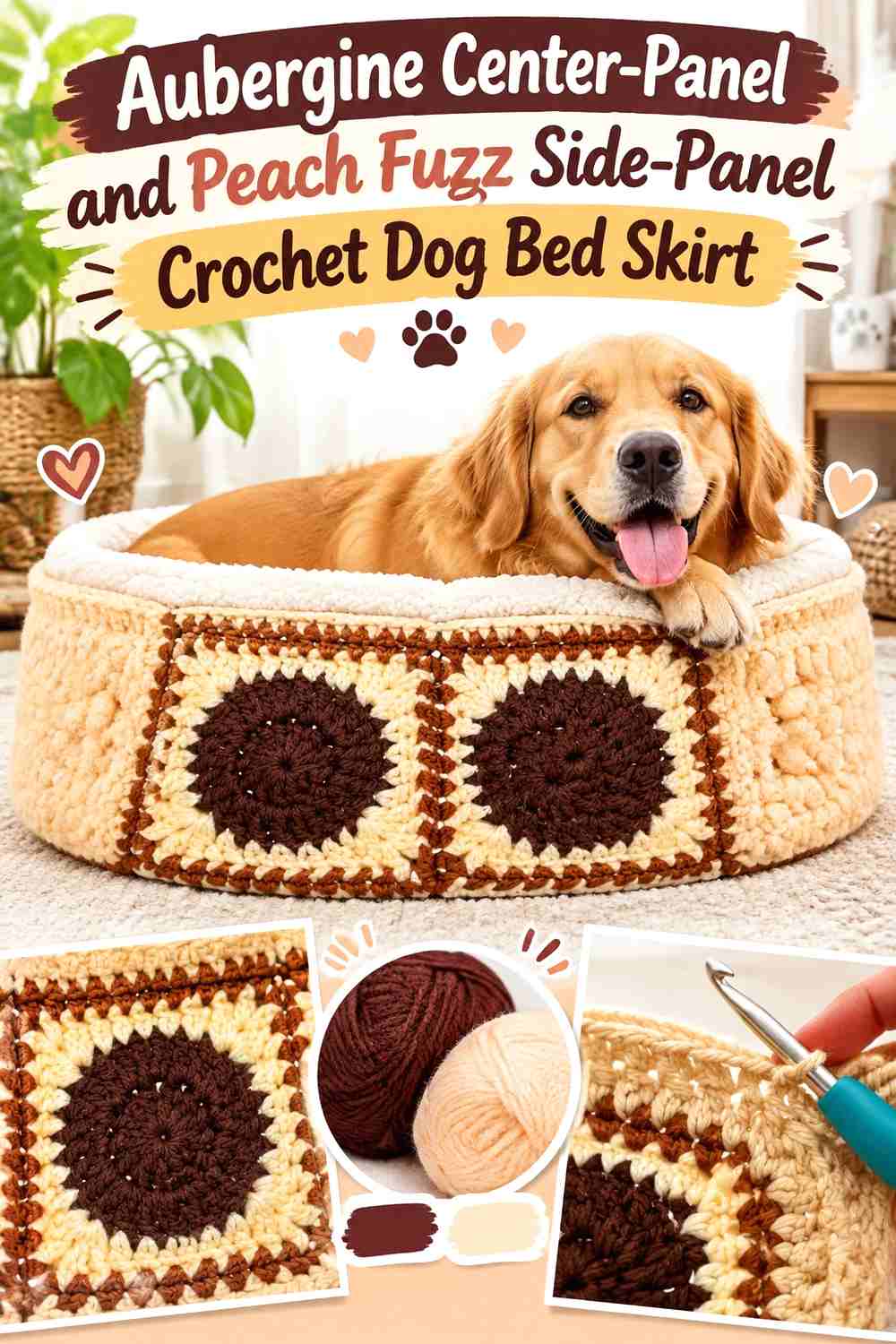 Aubergine Center-Panel and Peach Fuzz Side-Panel Crochet Dog Bed Skirt