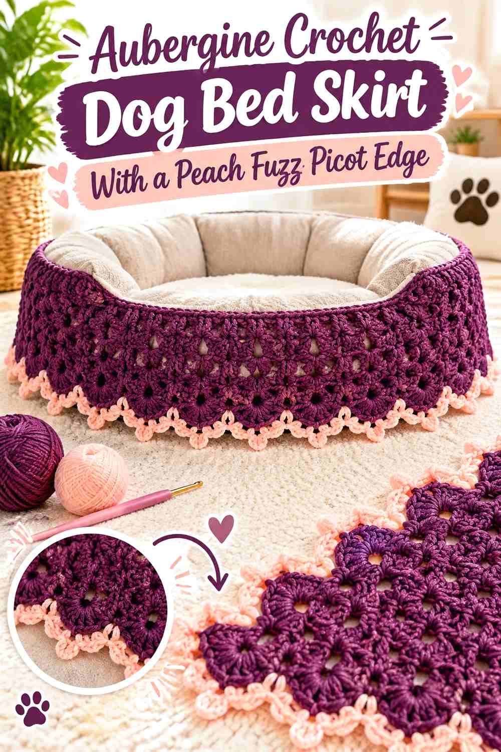 Aubergine Crochet Dog Bed Skirt With a Peach Fuzz Picot Edge