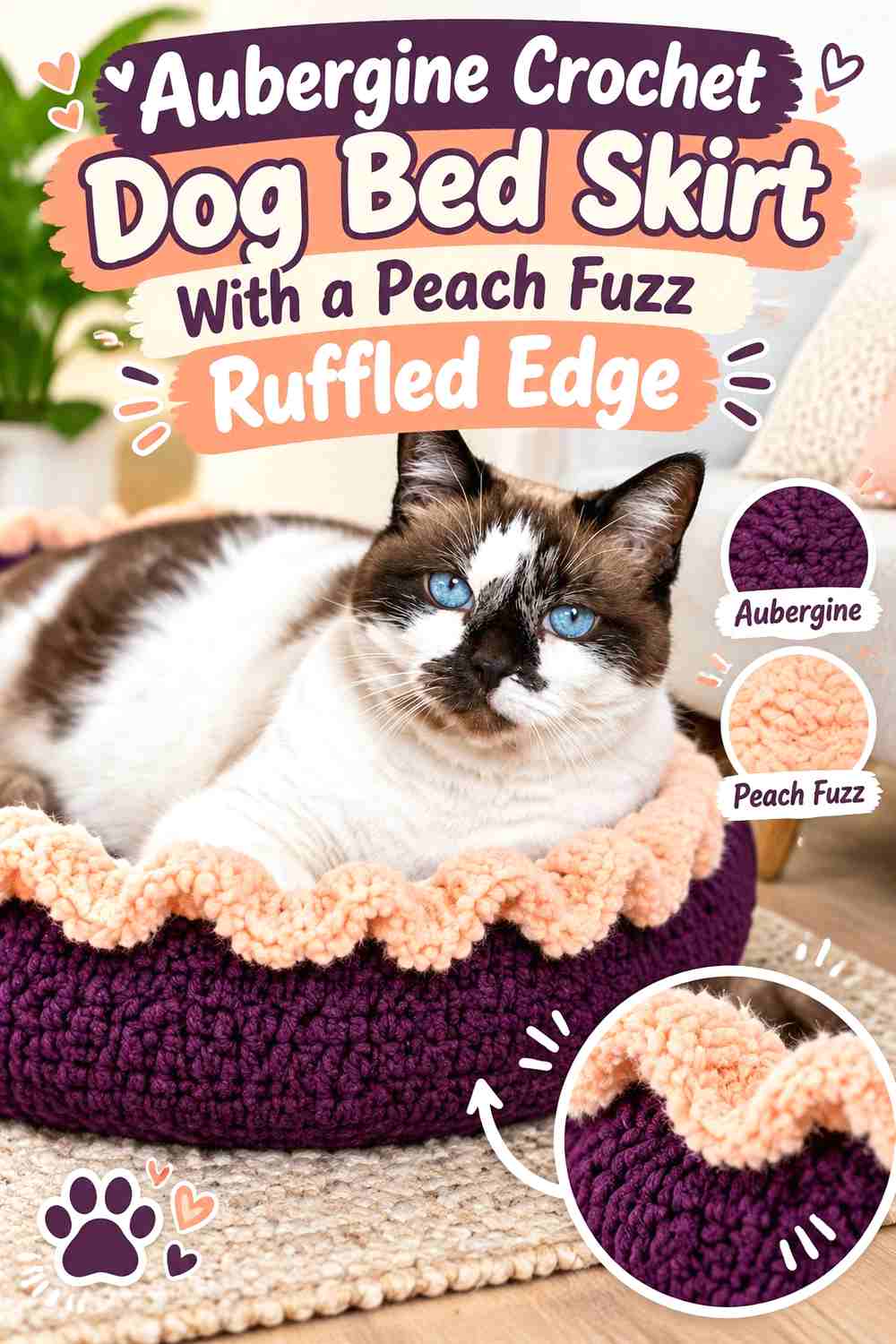 Aubergine Crochet Dog Bed Skirt With a Peach Fuzz Ruffled Edge
