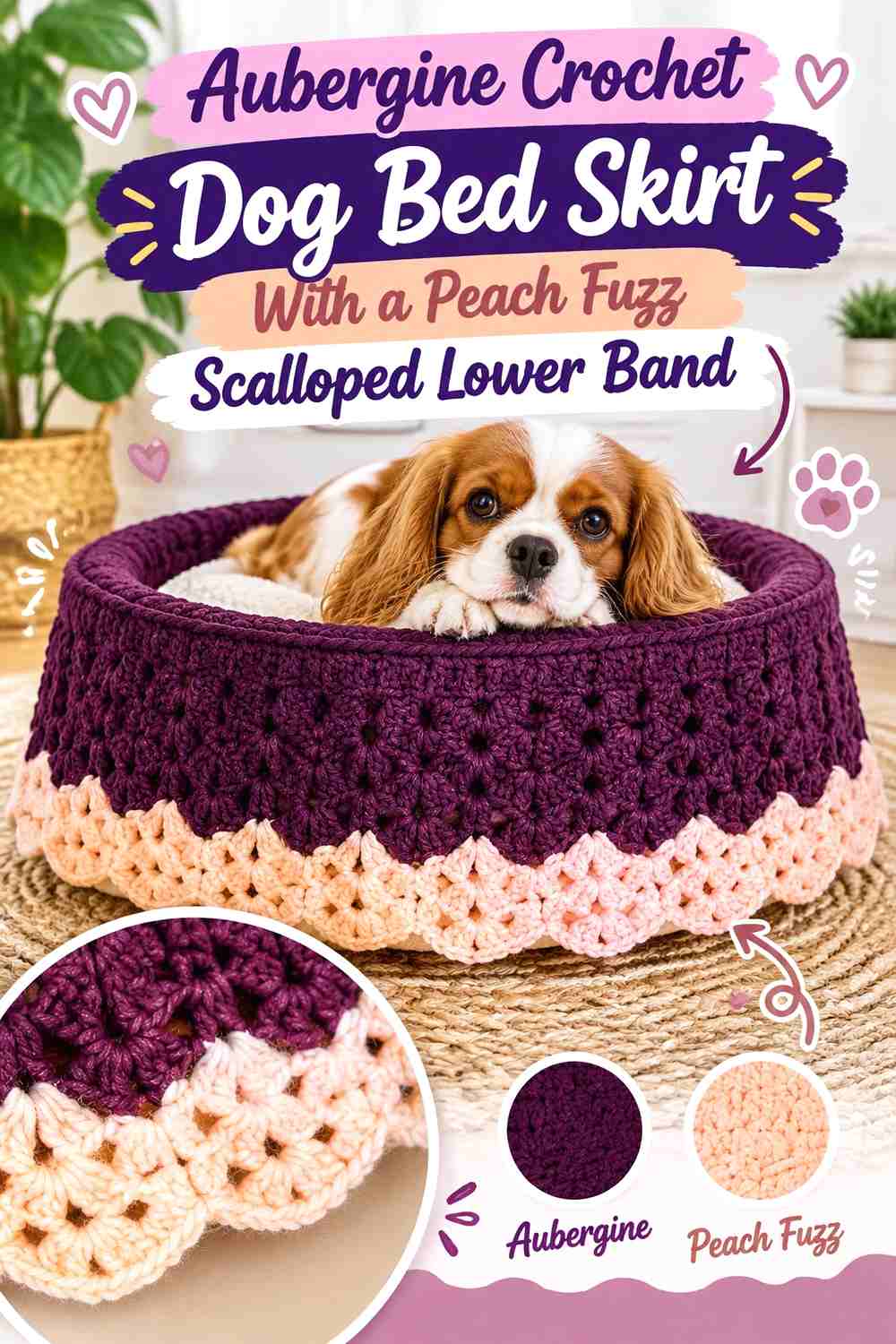 Aubergine Crochet Dog Bed Skirt With a Peach Fuzz Scalloped Lower Band