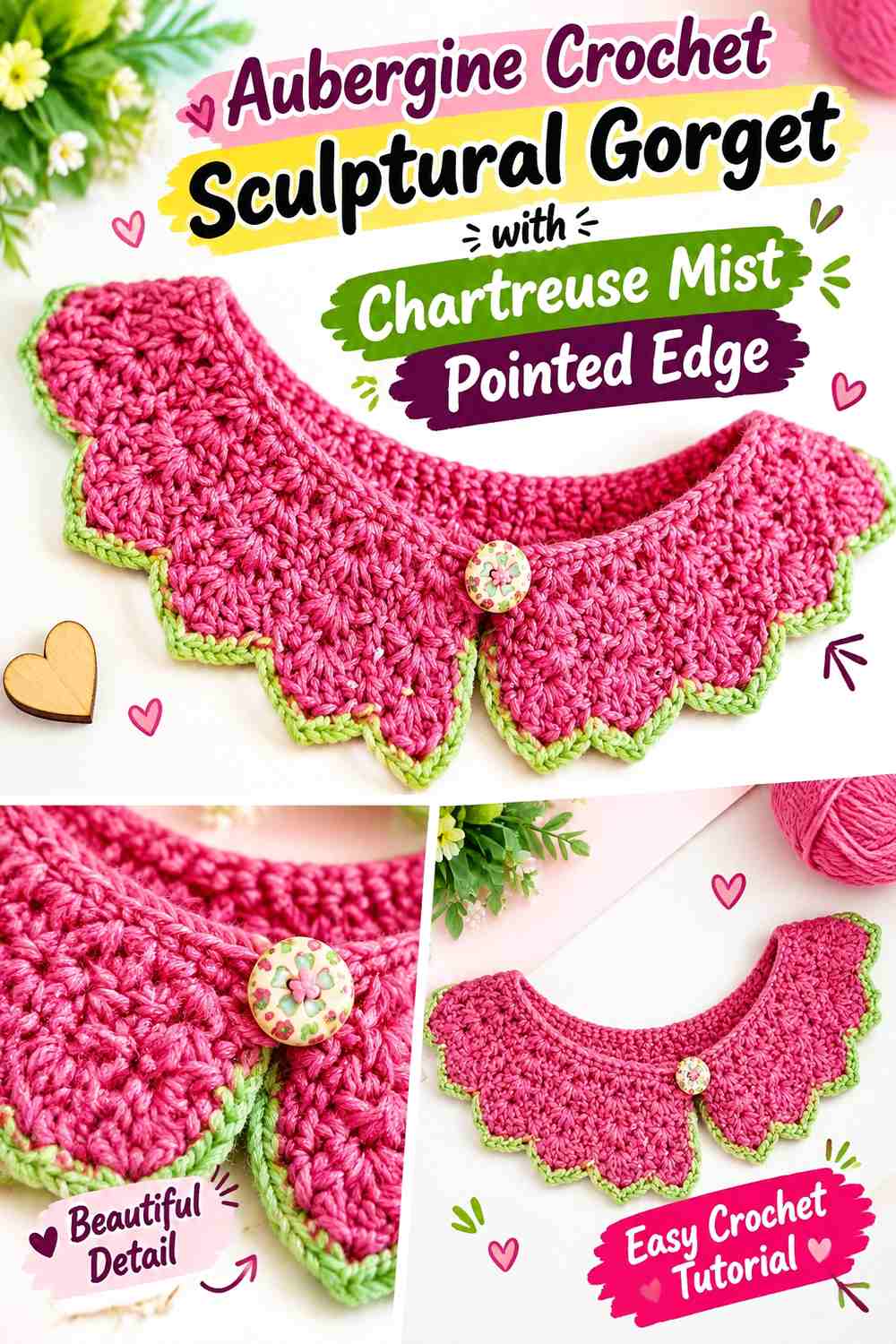 Aubergine Crochet Sculptural Gorget with Chartreuse Mist Pointed Edge