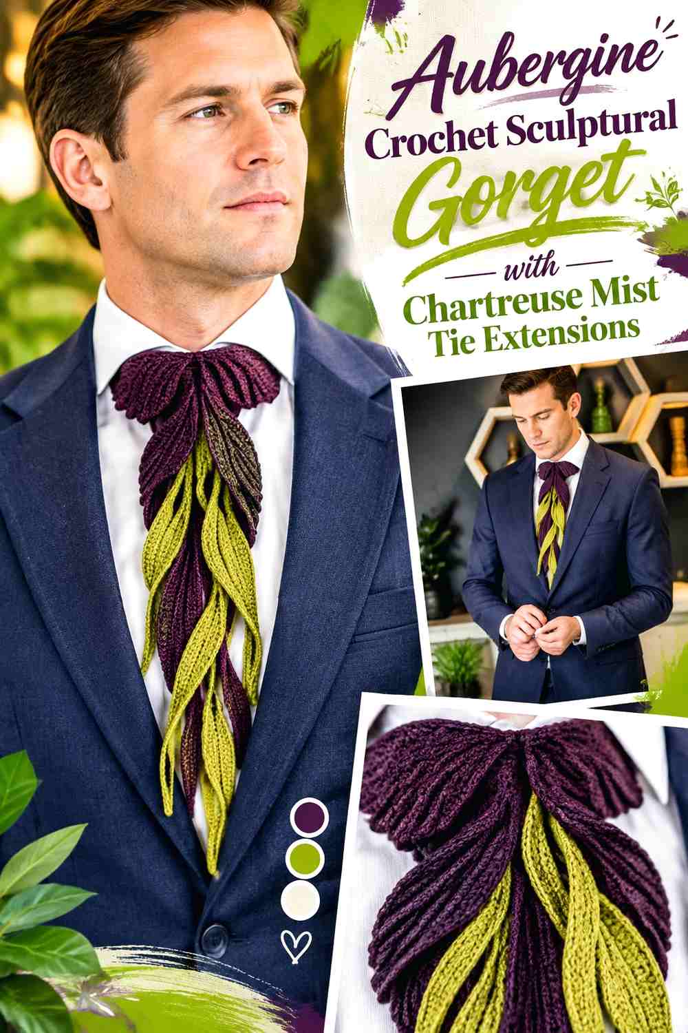 Aubergine Crochet Sculptural Gorget with Chartreuse Mist Tie Extensions