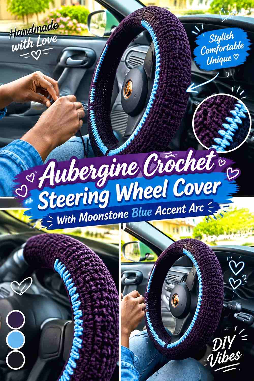 17. Aubergine Crochet Steering Wheel Cover With Moonstone Blue Accent Arc