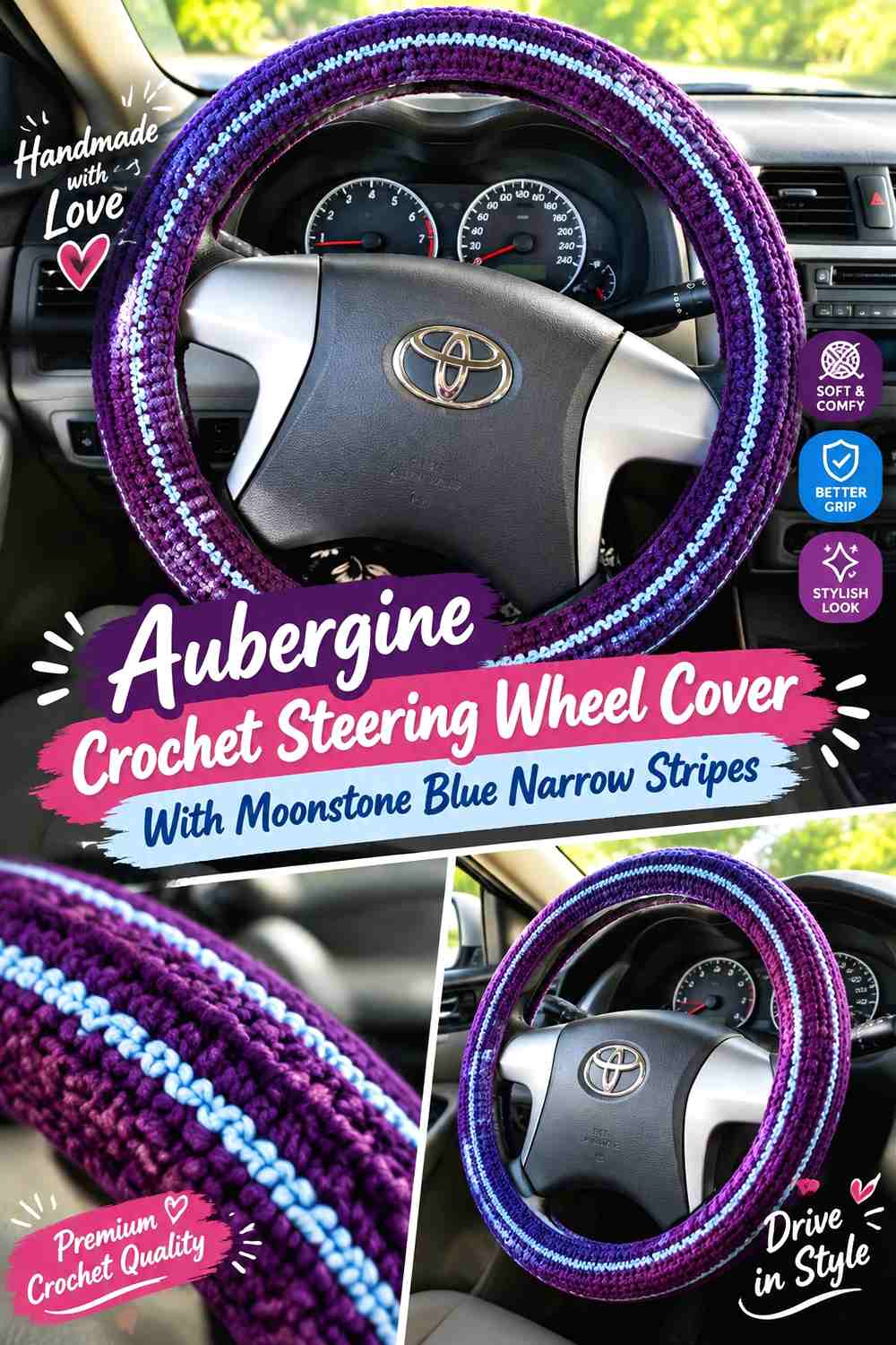 4. Aubergine Crochet Steering Wheel Cover With Moonstone Blue Narrow Stripes