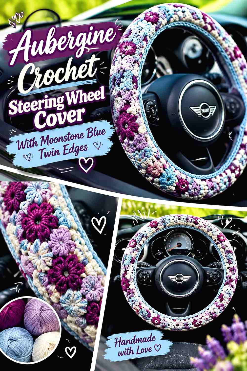 1. Aubergine Crochet Steering Wheel Cover With Moonstone Blue Twin Edges