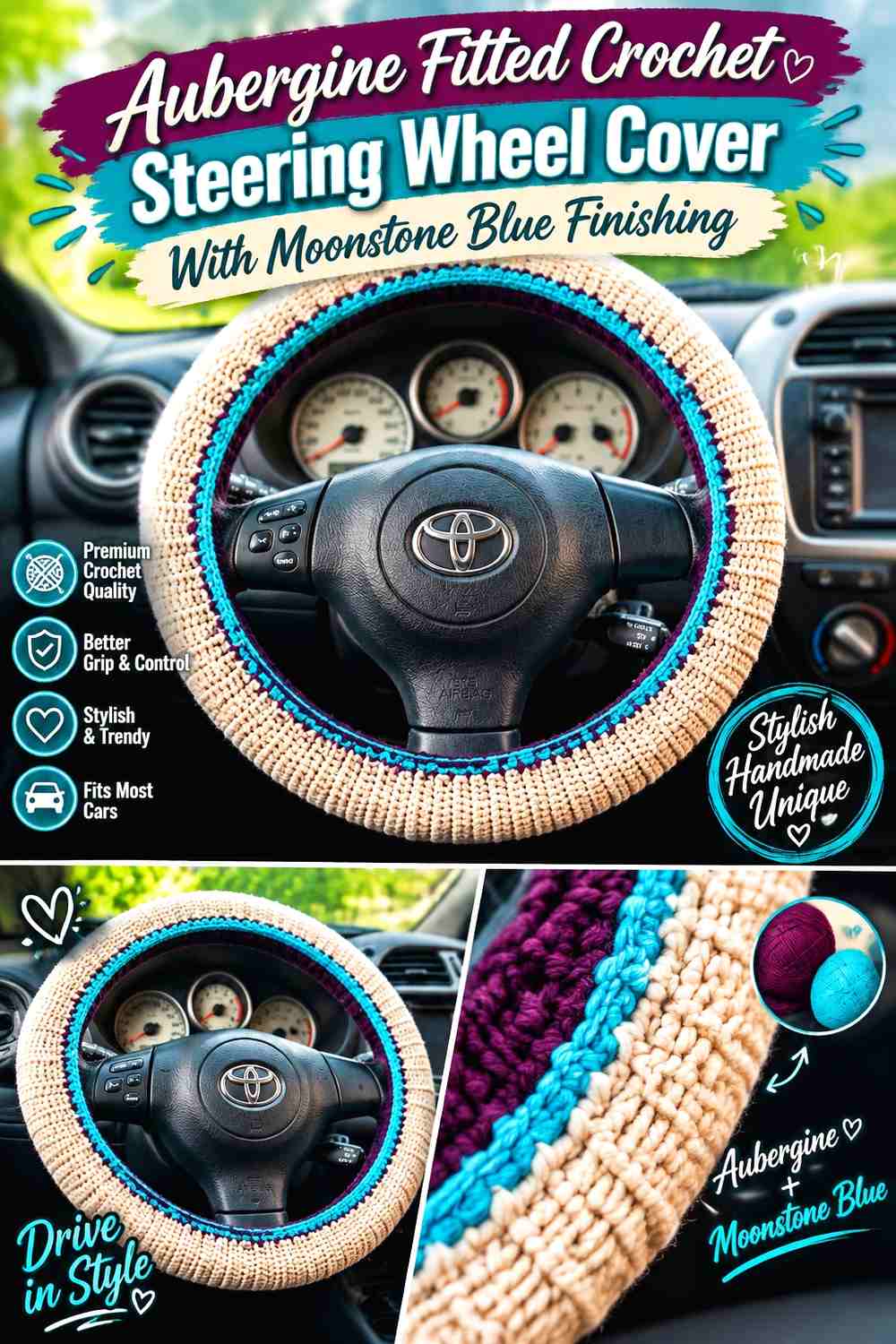 14. Aubergine Fitted Crochet Steering Wheel Cover With Moonstone Blue Finishing