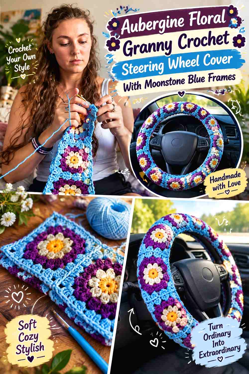 15. Aubergine Floral Granny Crochet Steering Wheel Cover With Moonstone Blue Frames
