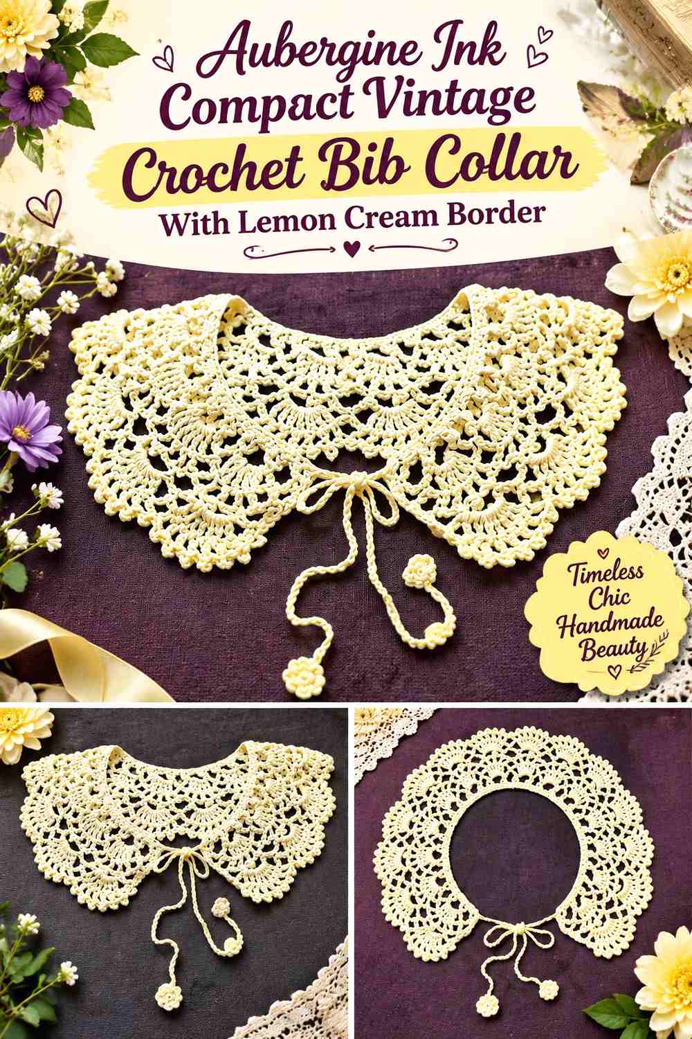Aubergine Ink Compact Vintage Crochet Bib Collar With Lemon Cream Border