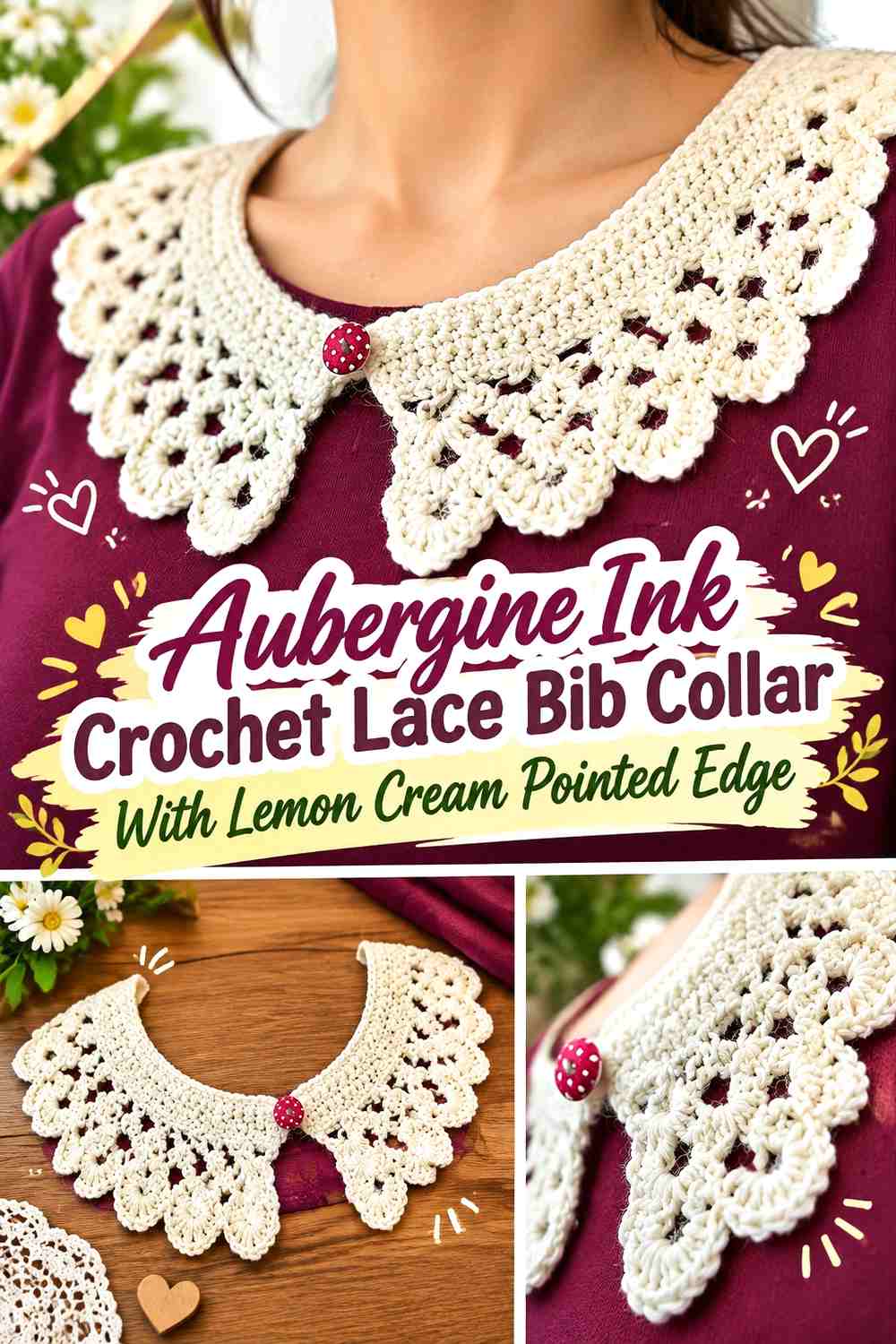 Aubergine Ink Crochet Lace Bib Collar With Lemon Cream Pointed Edge