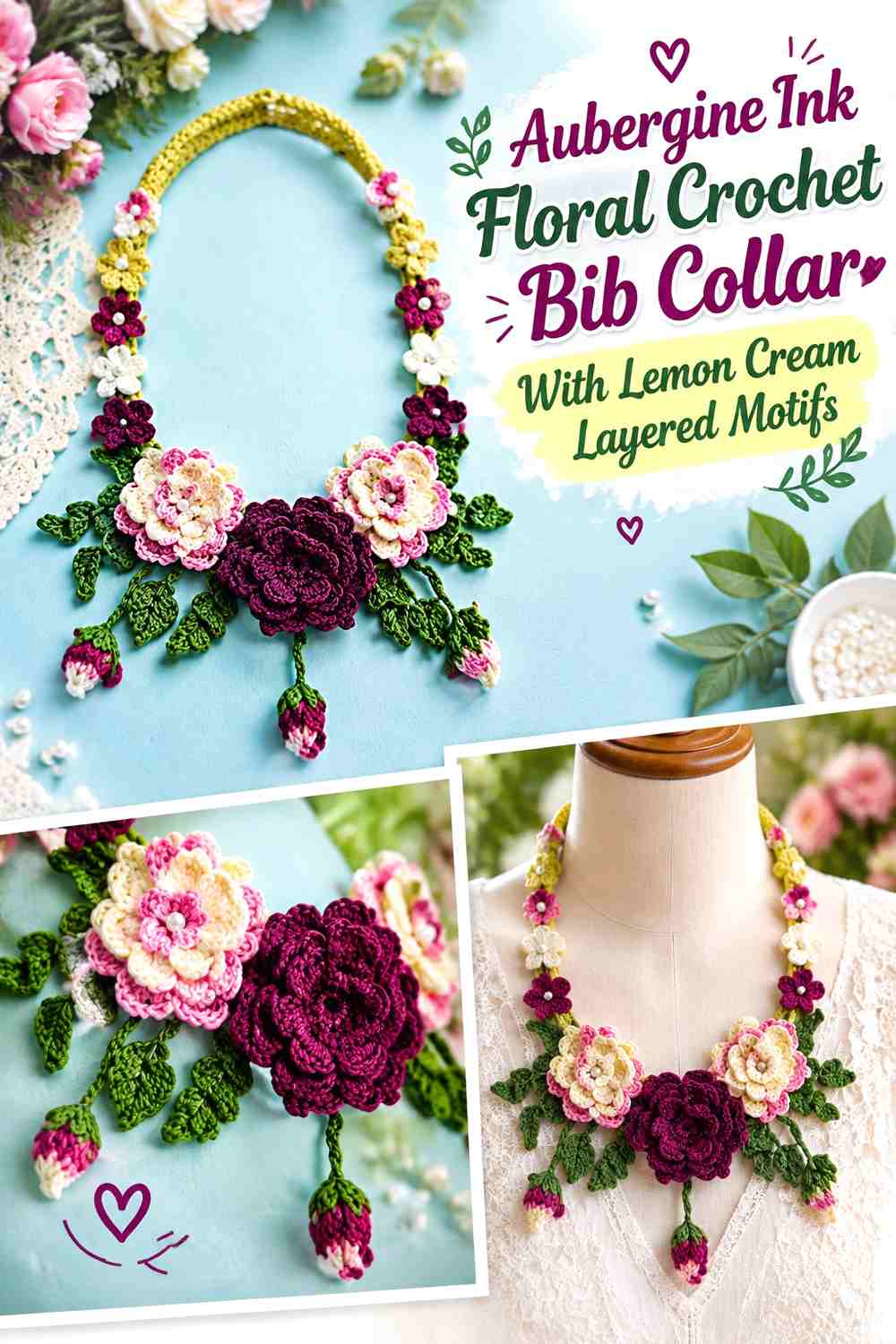 Aubergine Ink Floral Crochet Bib Collar With Lemon Cream Layered Motifs