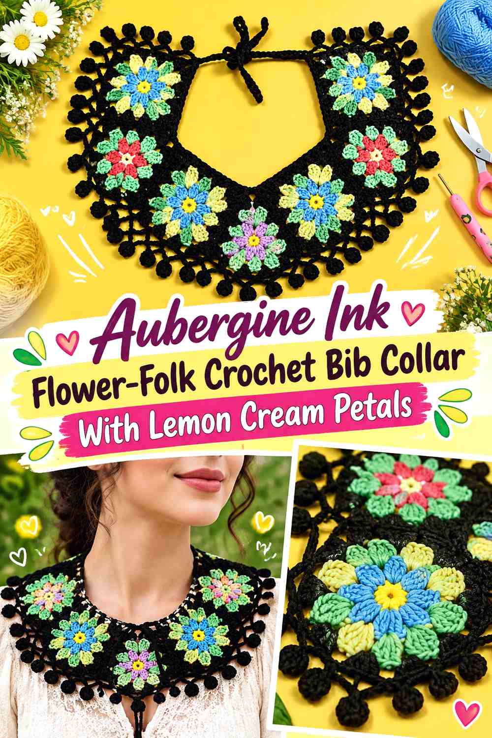 Aubergine Ink Flower-Folk Crochet Bib Collar With Lemon Cream Petals