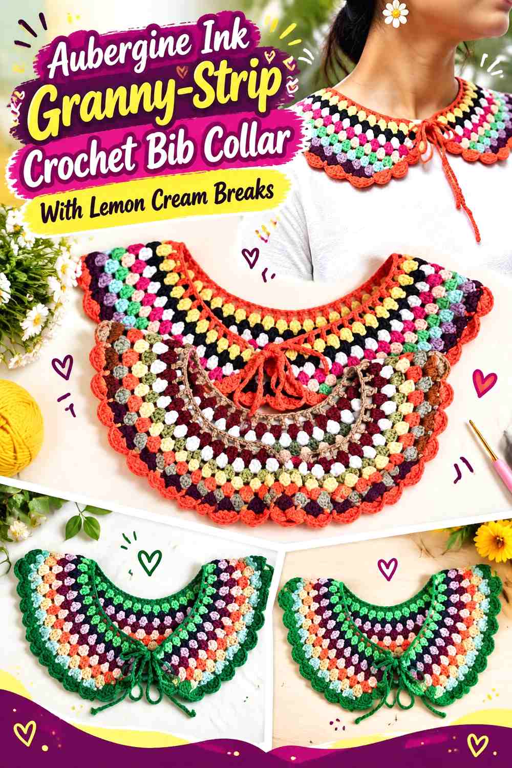 Aubergine Ink Granny-Strip Crochet Bib Collar With Lemon Cream Breaks
