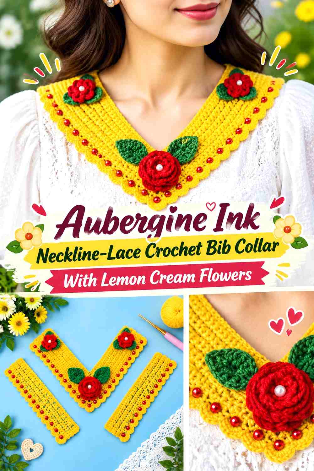 Aubergine Ink Neckline-Lace Crochet Bib Collar With Lemon Cream Flowers