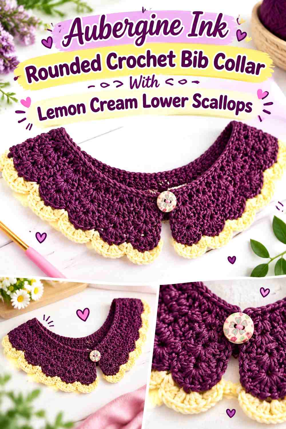 Aubergine Ink Rounded Crochet Bib Collar With Lemon Cream Lower Scallops