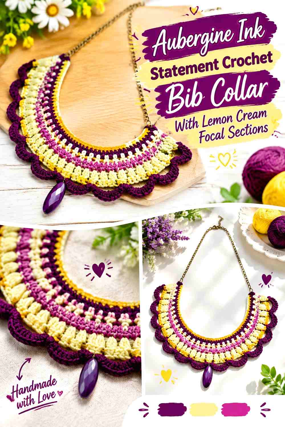 Aubergine Ink Statement Crochet Bib Collar With Lemon Cream Focal Sections