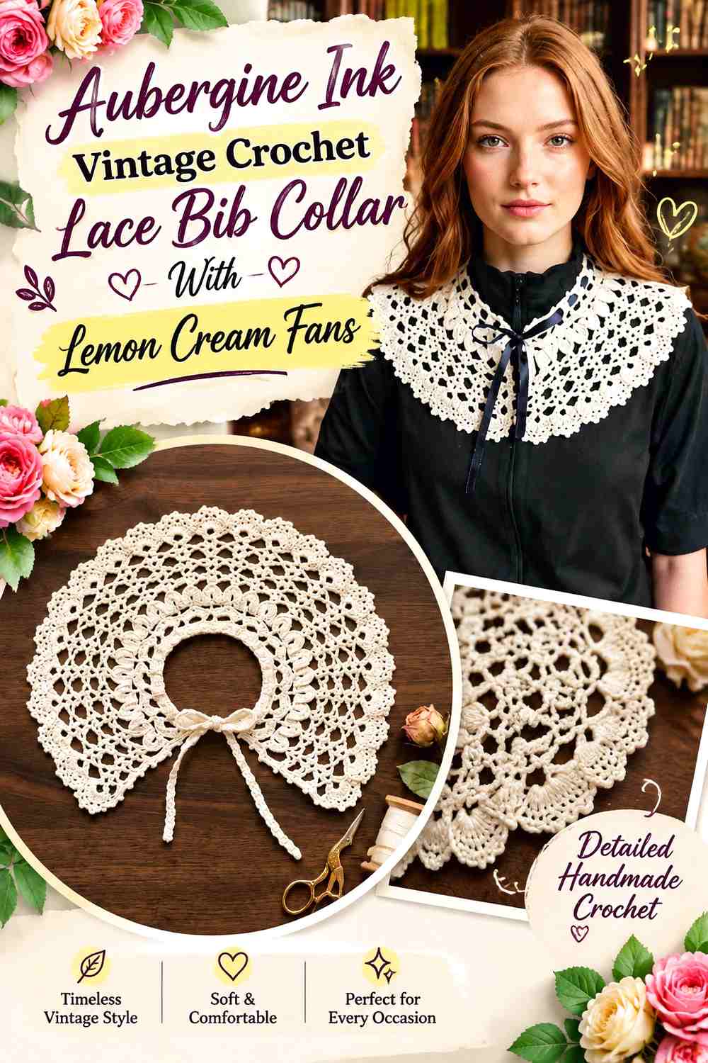 Aubergine Ink Vintage Crochet Lace Bib Collar With Lemon Cream Fans