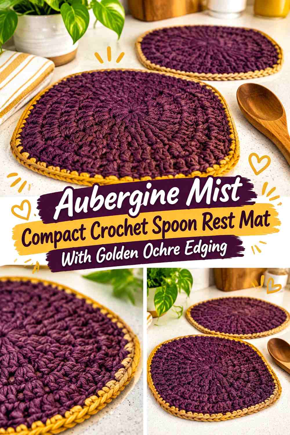 Aubergine Mist Compact Crochet Spoon Rest Mat With Golden Ochre Edging