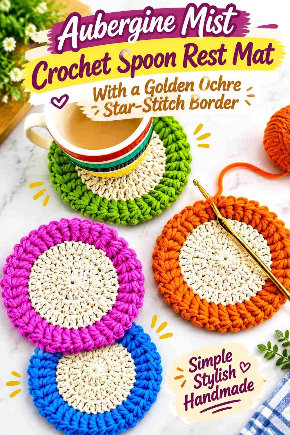 Aubergine Mist Crochet Spoon Rest Mat With a Golden Ochre Star-Stitch Border