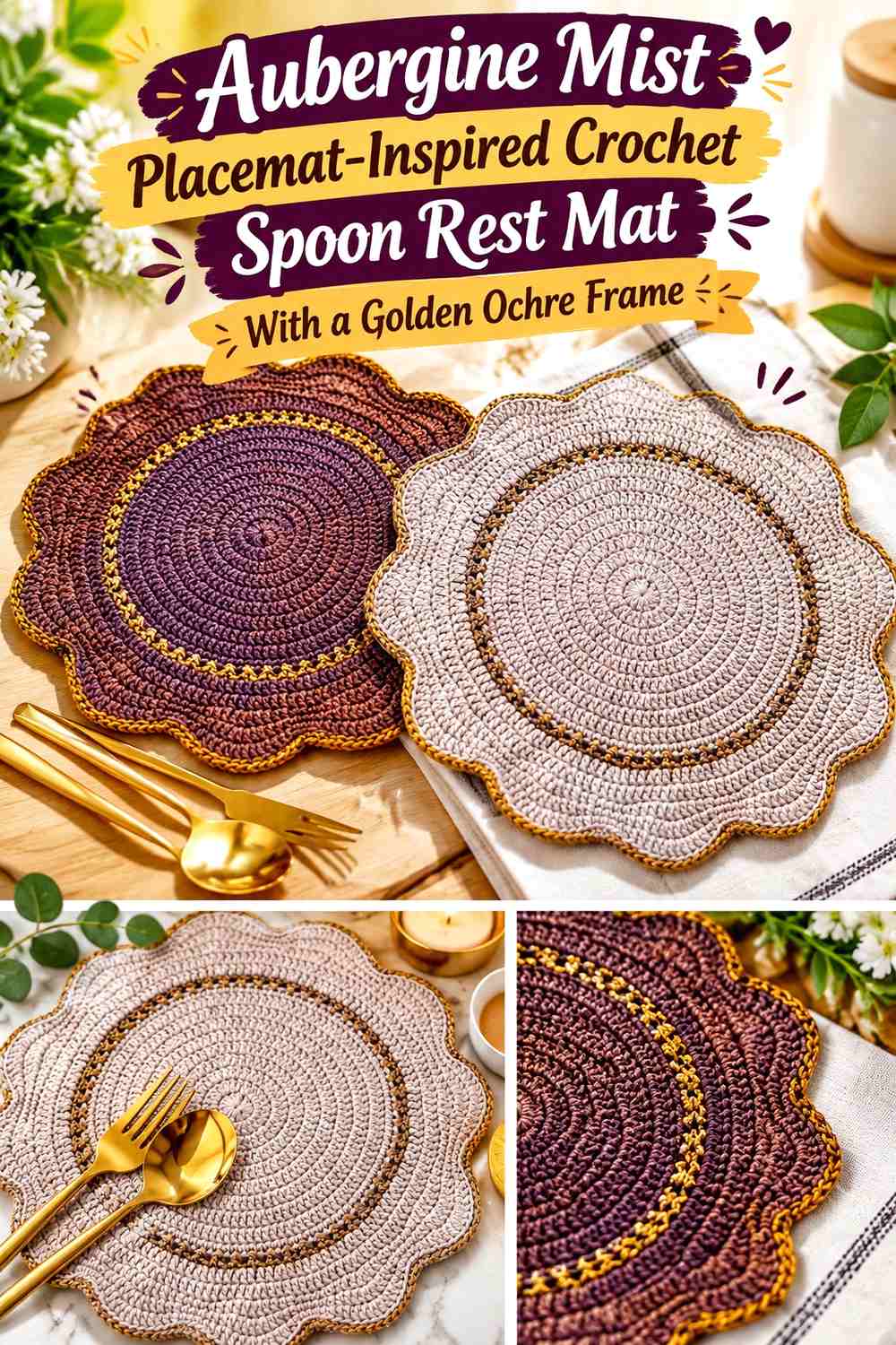 Aubergine Mist Placemat-Inspired Crochet Spoon Rest Mat With a Golden Ochre Frame