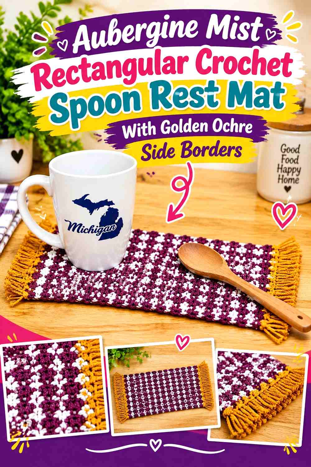 Aubergine Mist Rectangular Crochet Spoon Rest Mat With Golden Ochre Side Borders