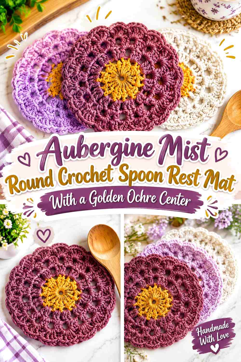 Aubergine Mist Round Crochet Spoon Rest Mat With a Golden Ochre Center